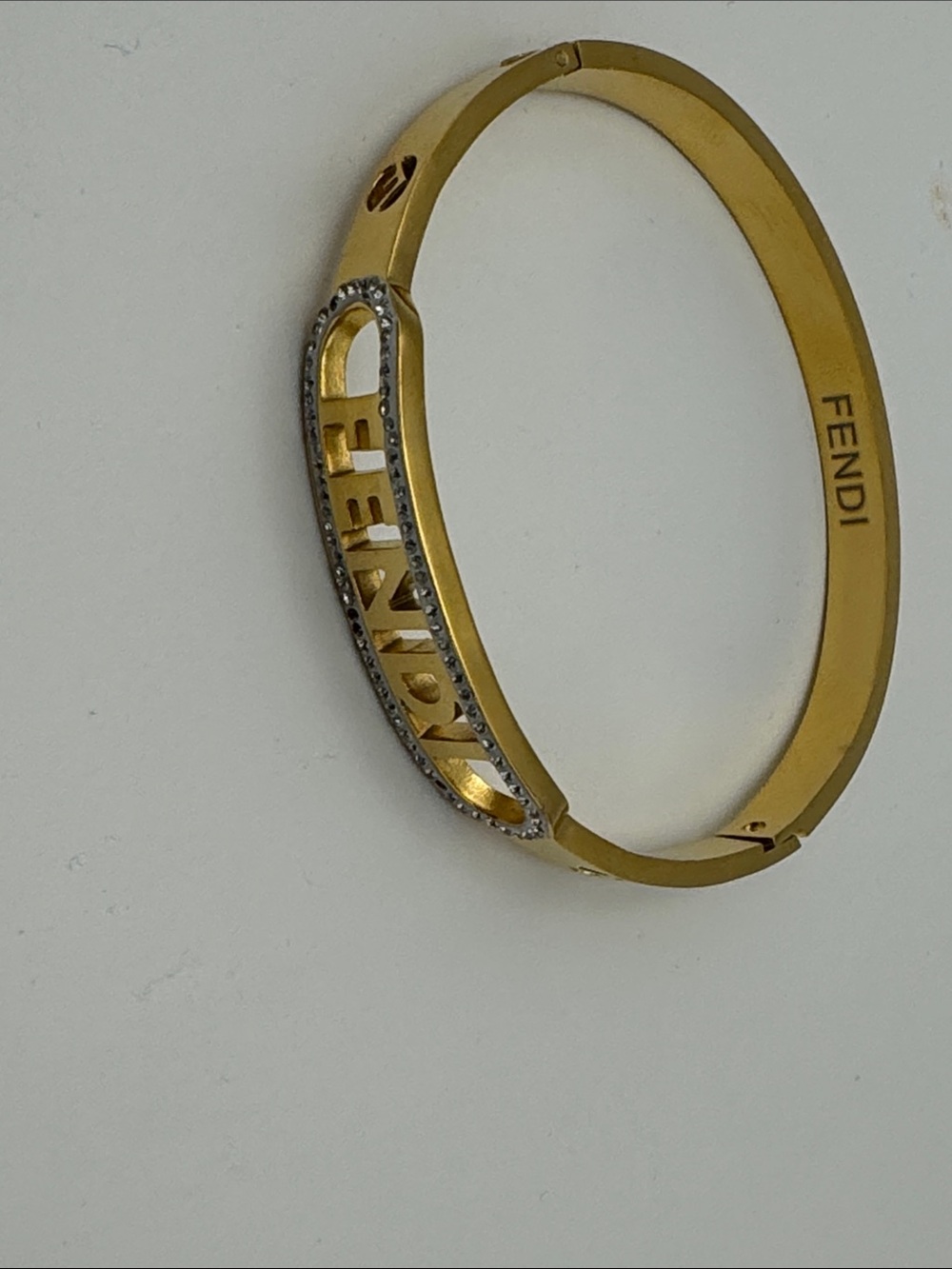 Fendi Gold Logo Crystal-Edge Hinged Bangle Bracelet